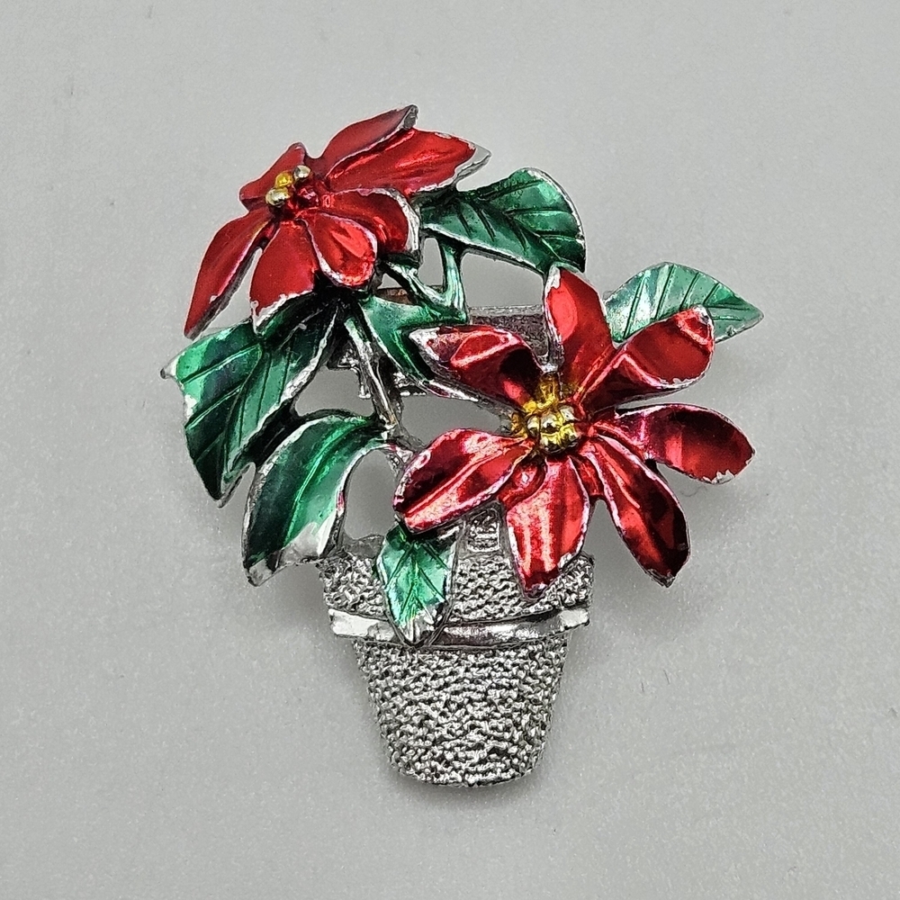 VINTAGE Red Silver Tone Poinsettia Flower Holiday Brooch Pin